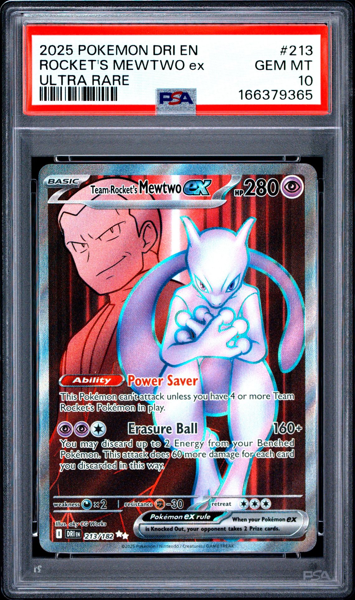 2025 Pokemon Dri En-Destined Rivals Rocket's Mewtwo Ex #213 (Ultra Rare) Gem Mt 10 front view - PSA graded GEM MT 10