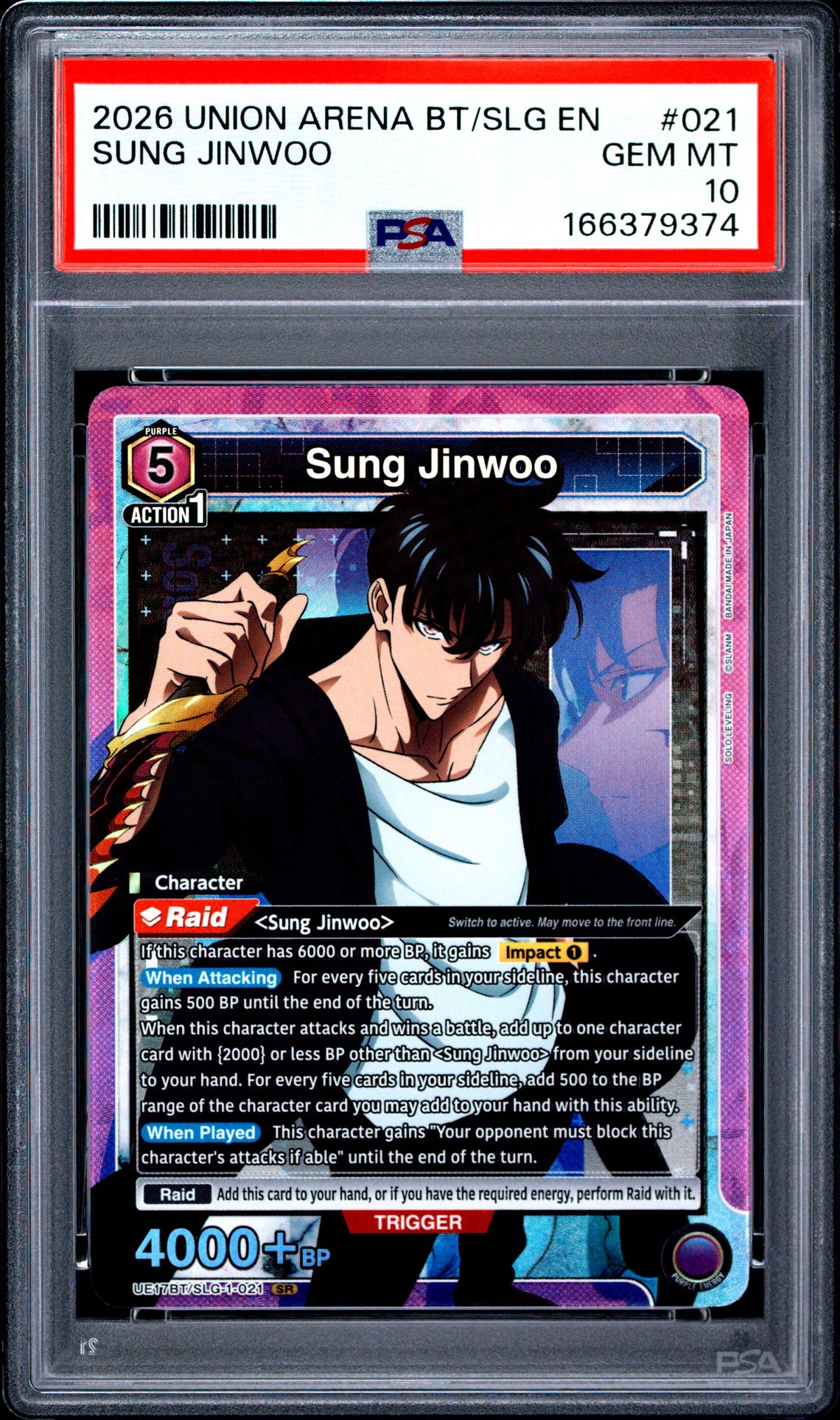 2026 Union Arena Ue17Bt/Slg Solo Leveling Sung Jinwoo #021 Gem Mt 10 front view - PSA graded GEM MT 10