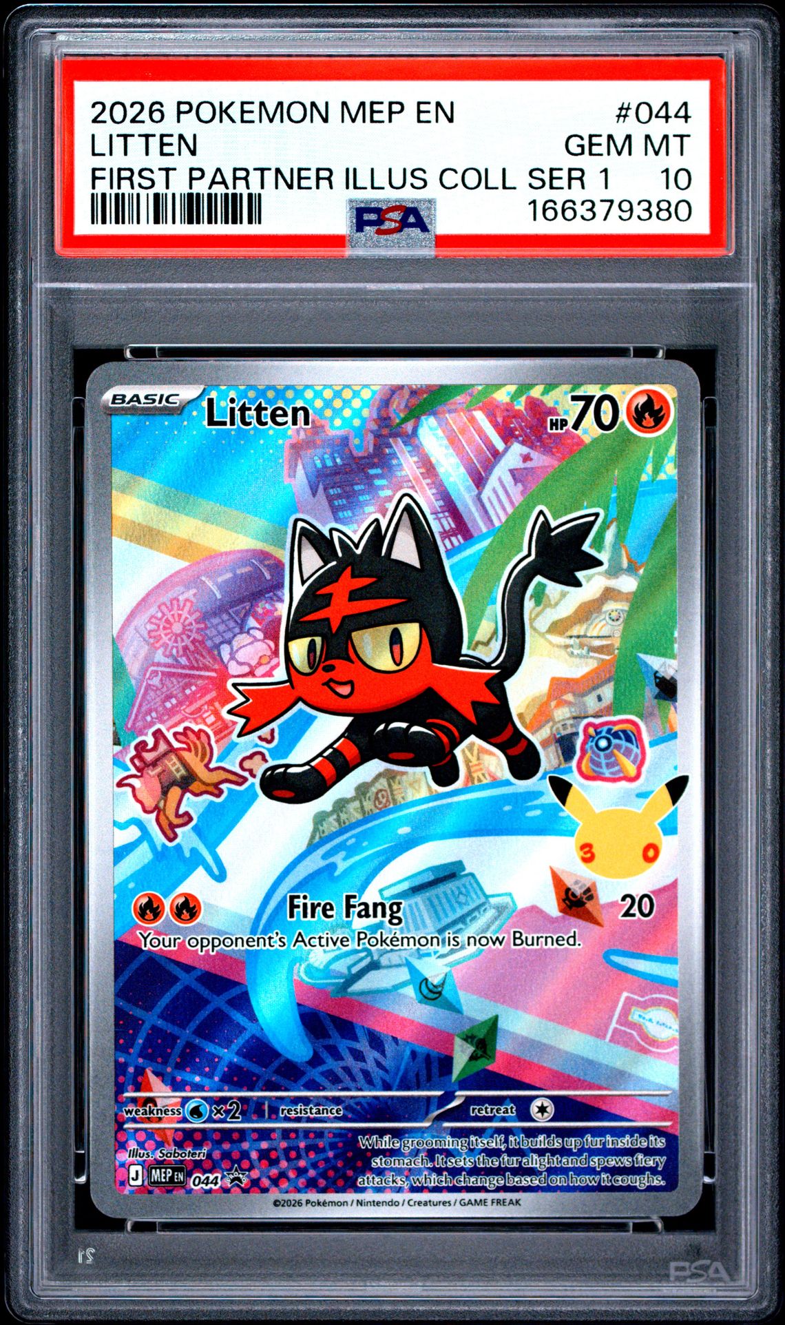 2026 Pokemon Mep En-Me Black Star Promo Litten #044 (First Partner Illus Coll Ser 1) Gem Mt 10 front view - PSA graded GEM MT 10