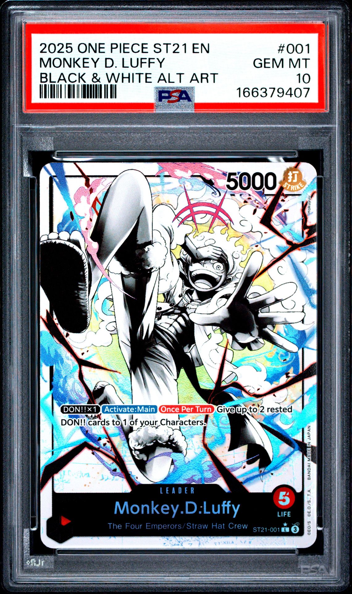 2025 One Piece Starter Deck St21-Ex Gear 5 Monkey D. Luffy #001 (Black & White Alt Art) Gem Mt 10 front view - PSA graded GEM MT 10