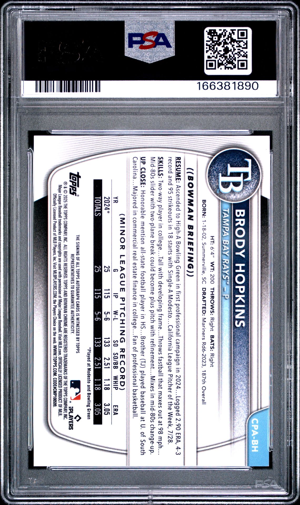 2025 Bowman Chrome Prospect Autographs Brody Hopkins #Cpabh Mint 9 back