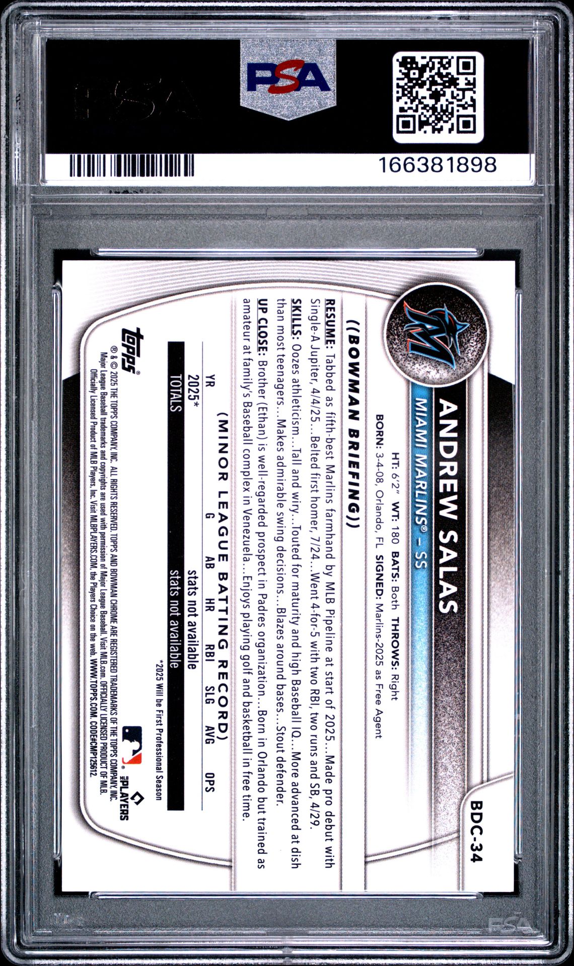2025 Bowman Draft Sapphire Edition Andrew Salas #34 (Orange) Gem Mt 10 back view - PSA certificate #166381898
