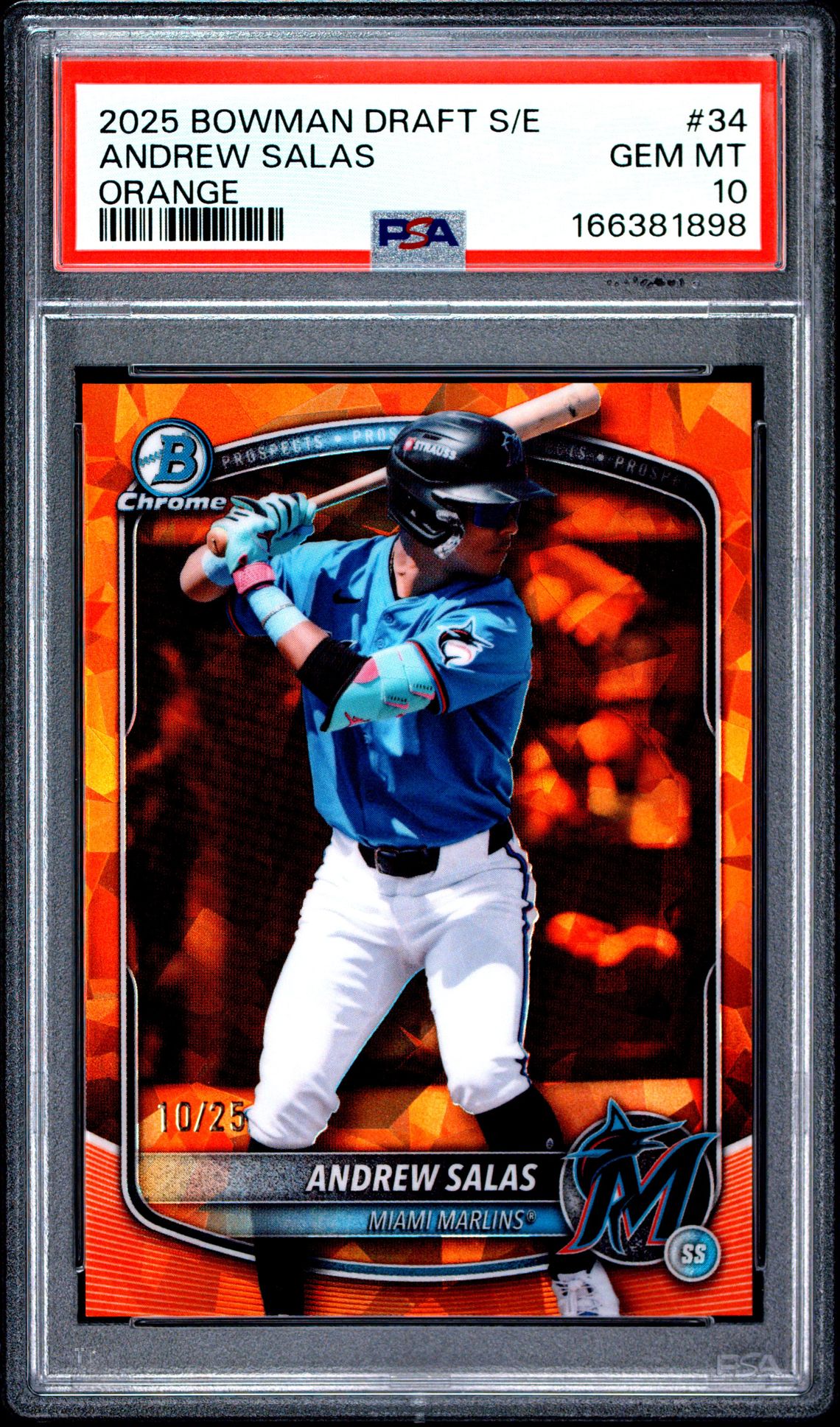 2025 Bowman Draft Sapphire Edition Andrew Salas #34 (Orange) Gem Mt 10 front view - PSA graded GEM MT 10
