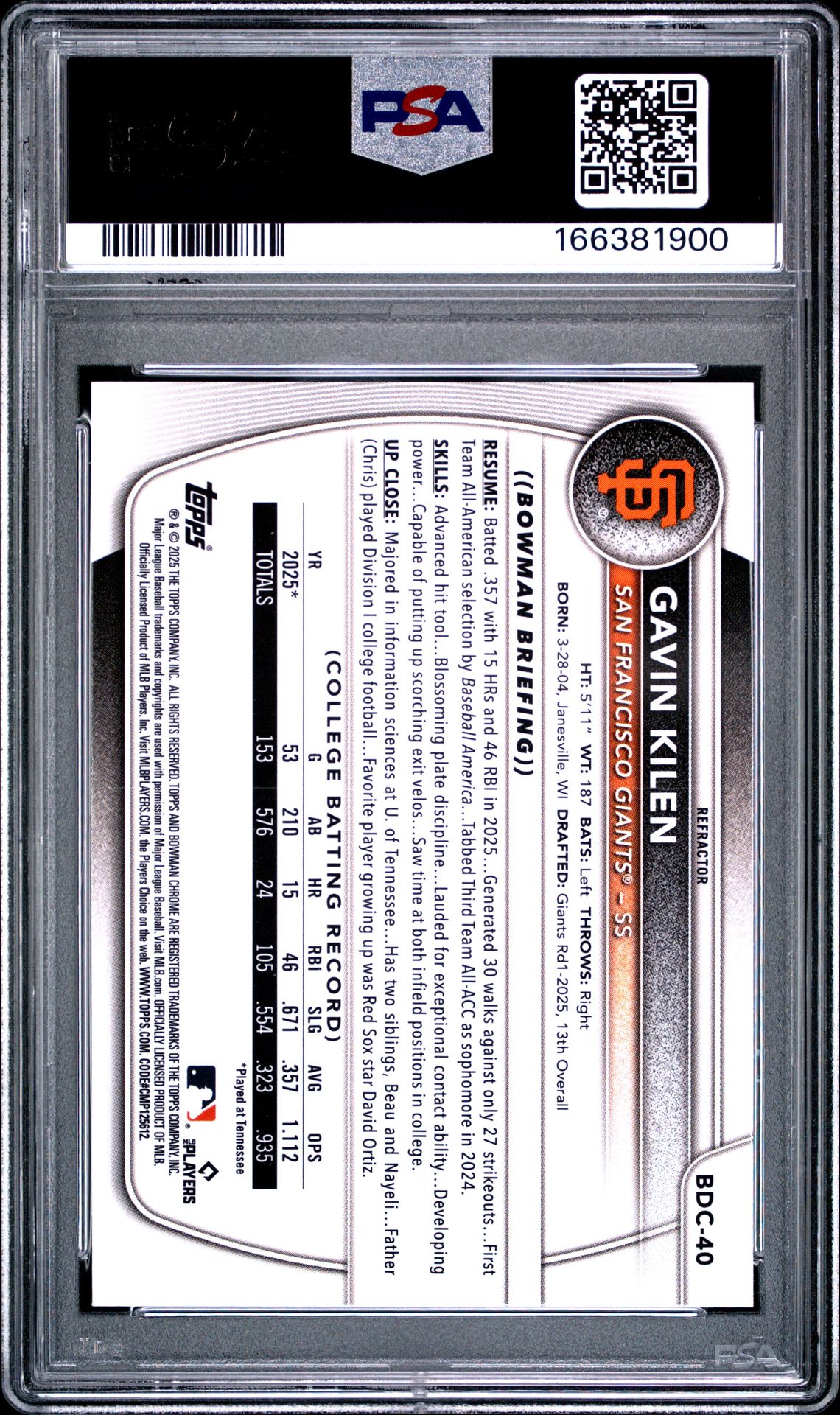 2025 Bowman Draft Gavin Kilen #Bdc-40 (Chrome-Refractor) Mint 9 back
