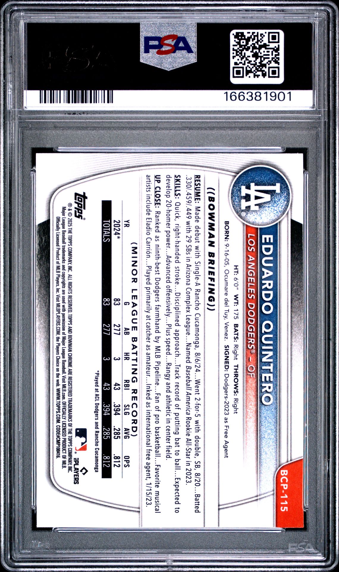 2025 Bowman Chrome Prospects Eduardo Quintero #Bcp115 Gem Mt 10 back view - PSA certificate #166381901