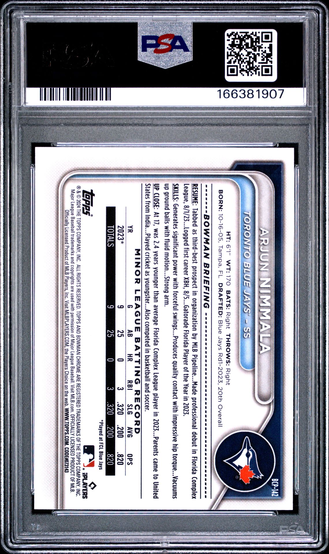 2024 Bowman Chrome Prospects Arjun Nimmala #Bcp142 (Chr Prspcts-Lunar Glow Ref) Mint 9 back