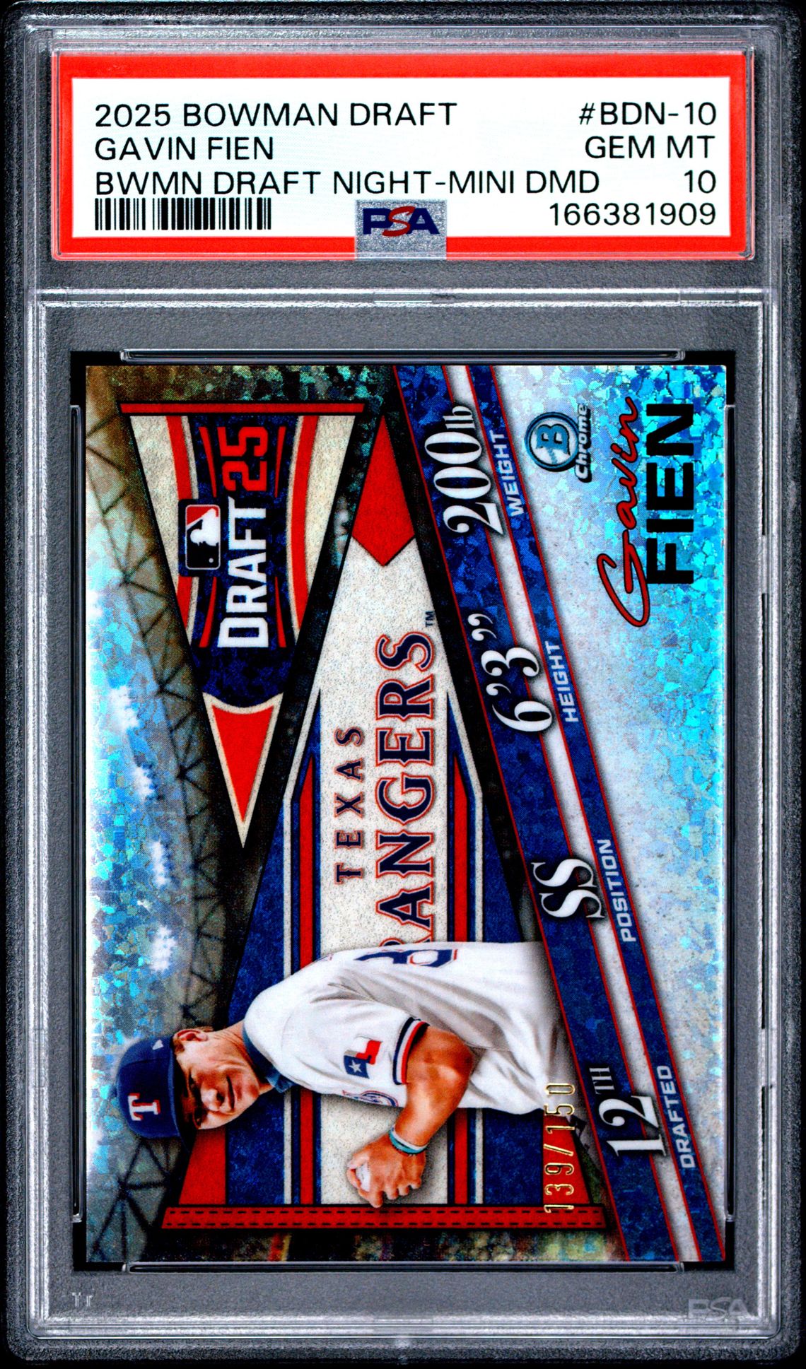 2025 Bowman Draft Bowman Draft Night Gavin Fien #Bdn-10 (Bwmn Draft Night-Mini Dmd) Gem Mt 10 front view - PSA graded GEM MT 10