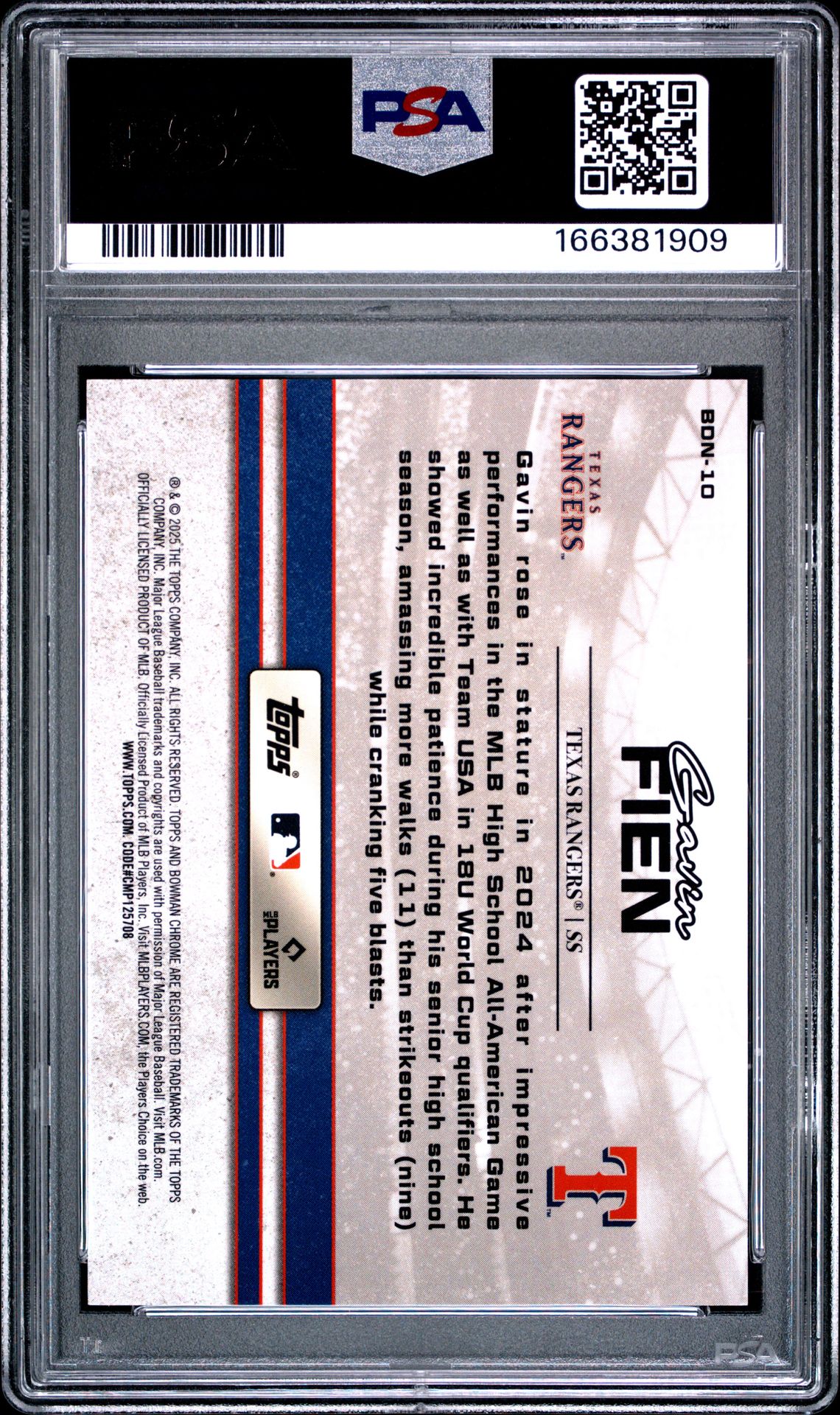 2025 Bowman Draft Bowman Draft Night Gavin Fien #Bdn-10 (Bwmn Draft Night-Mini Dmd) Gem Mt 10 back view - PSA certificate #166381909