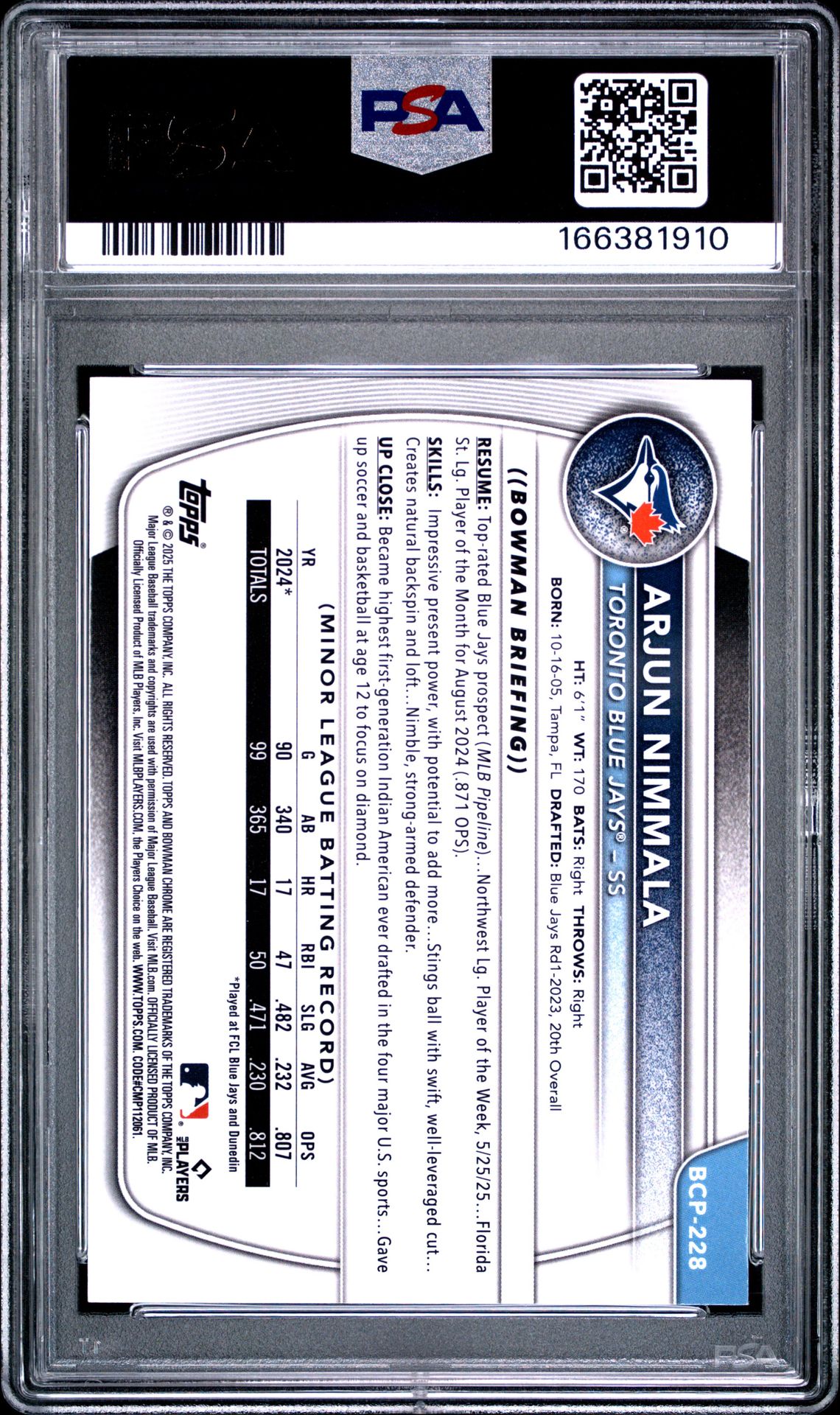 2025 Bowman Chrome Prospects Arjun Nimmala #Bcp228 (Prospects-Blue Wave) Gem Mt 10 back view - PSA certificate #166381910