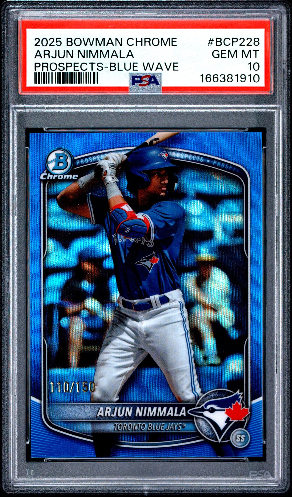 2025 Bowman Chrome Prospects Arjun Nimmala #Bcp228 (Prospects-Blue Wave) Gem Mt 10 front view - PSA graded GEM MT 10