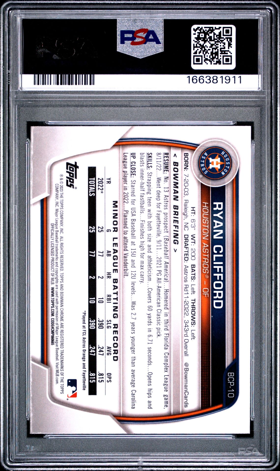 2023 Bowman Chrome Prospects Ryan Clifford #Bcp10 (Chrome Prospects) Gem Mt 10 back view - PSA certificate #166381911