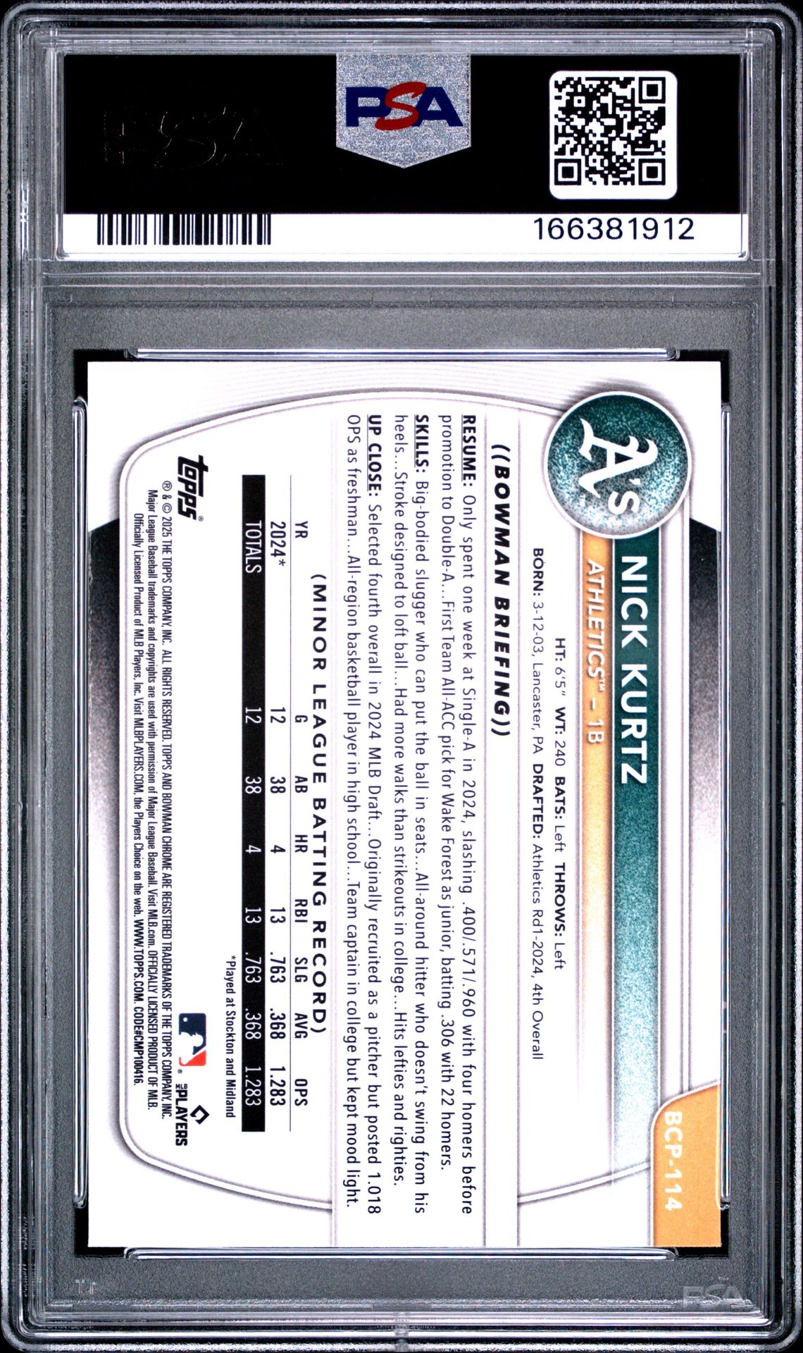 2025 Bowman Chrome Prospects Nick Kurtz #Bcp114 (Chrome Pros-Reptilian Ref) Gem Mt 10 back view - PSA certificate #166381912