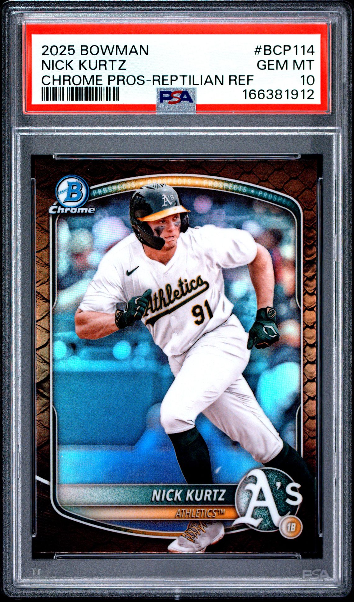 2025 Bowman Chrome Prospects Nick Kurtz #Bcp114 (Chrome Pros-Reptilian Ref) Gem Mt 10 front view - PSA graded GEM MT 10