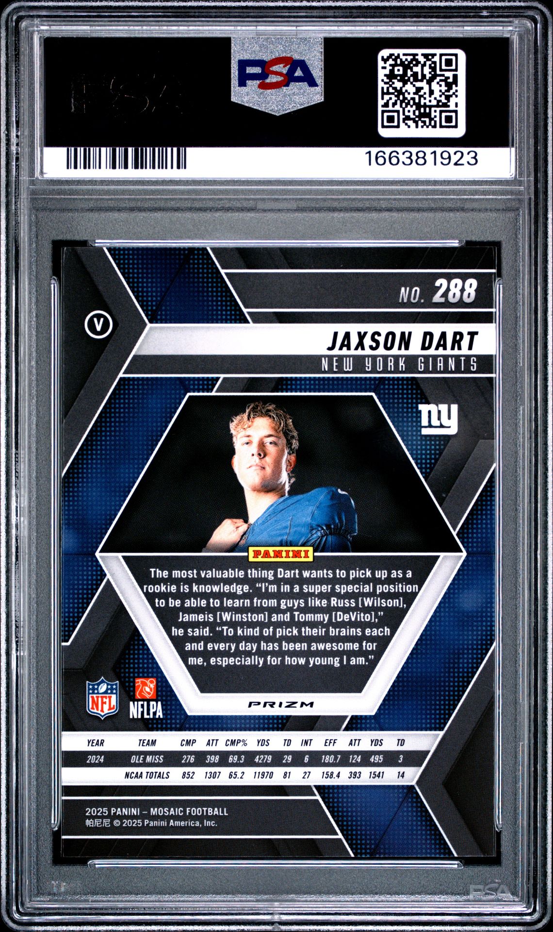 2025 Panini Mosaic Jaxson Dart #288 (Reactive Yellow) Gem Mt 10 back