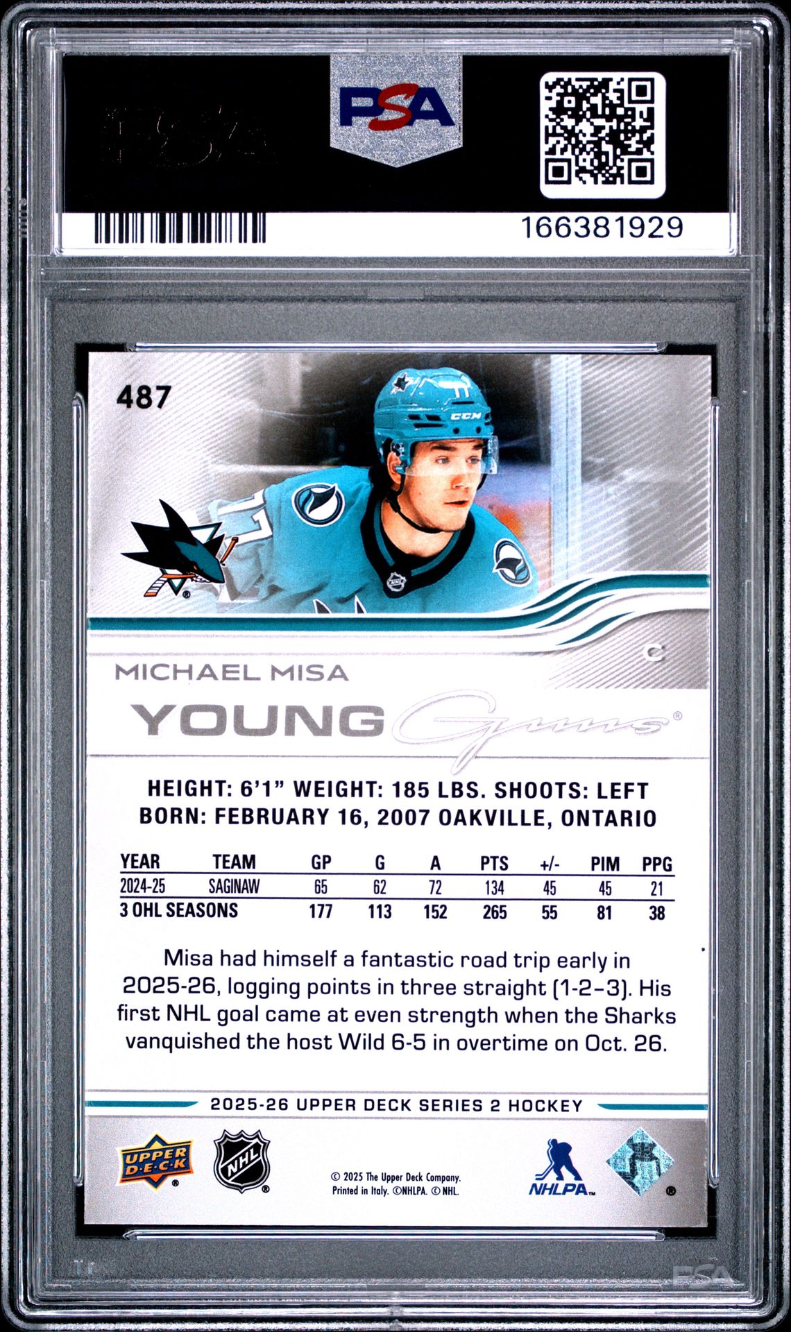 2025 Upper Deck Michael Misa #487 Gem Mt 10 back