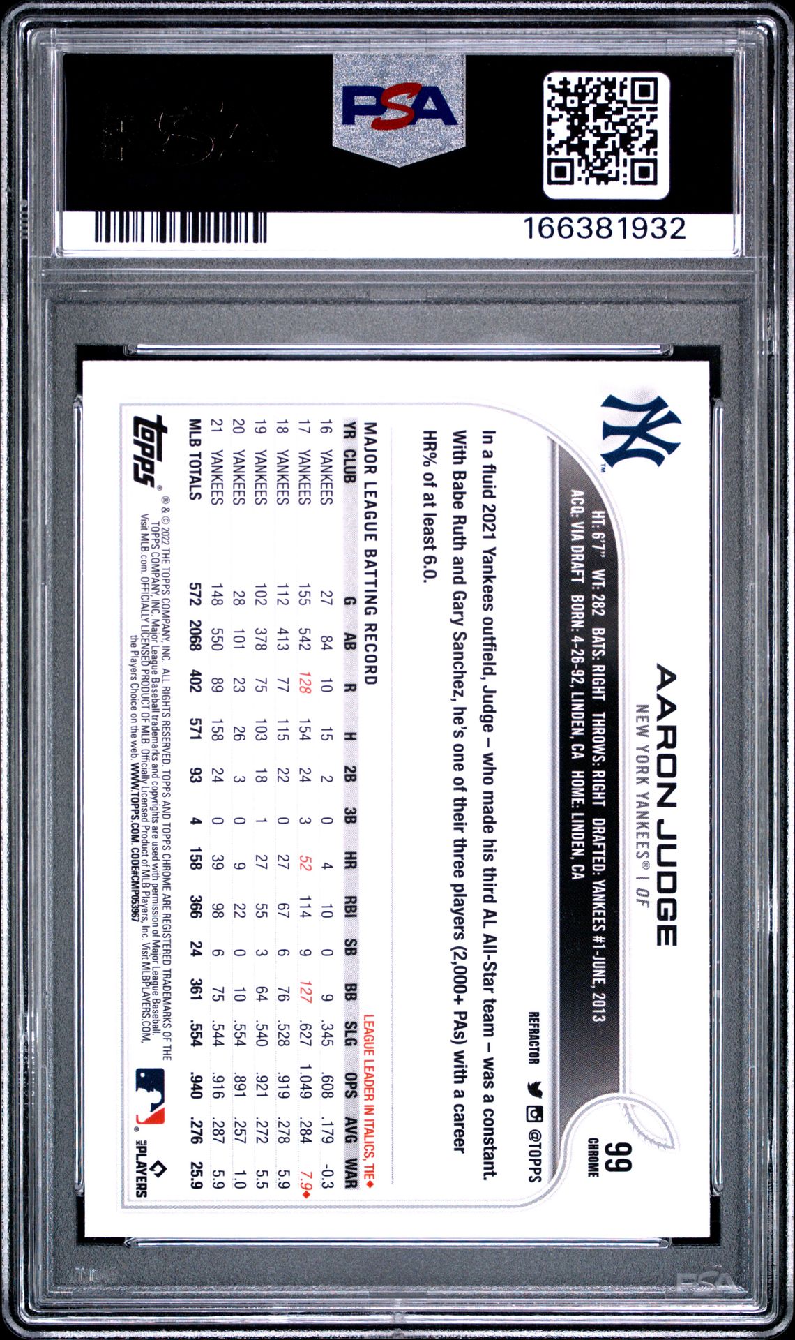 2022 Topps Chrome Aaron Judge #99 (Refractor) Gem Mt 10 back