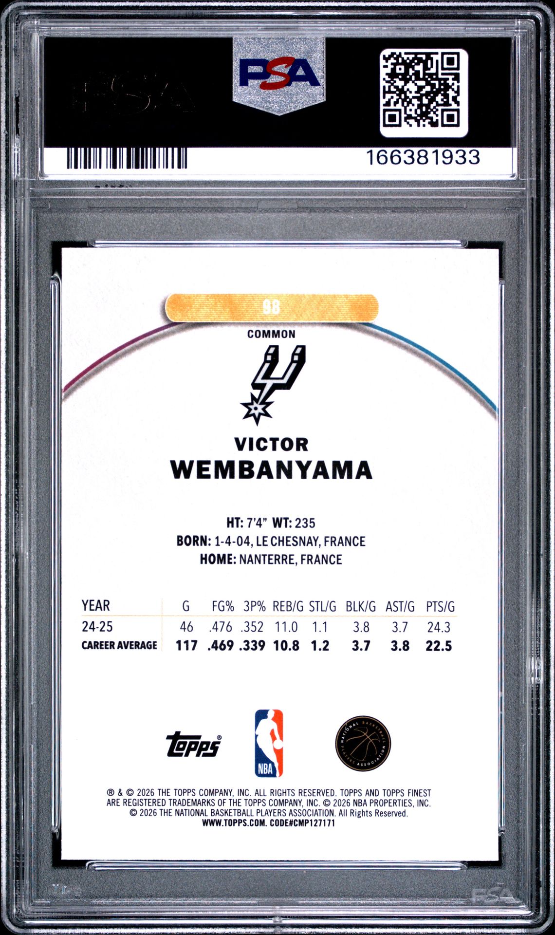 2025 Topps Finest Victor Wembanyama #98 (Oil Spill Refractor) Mint 9 back