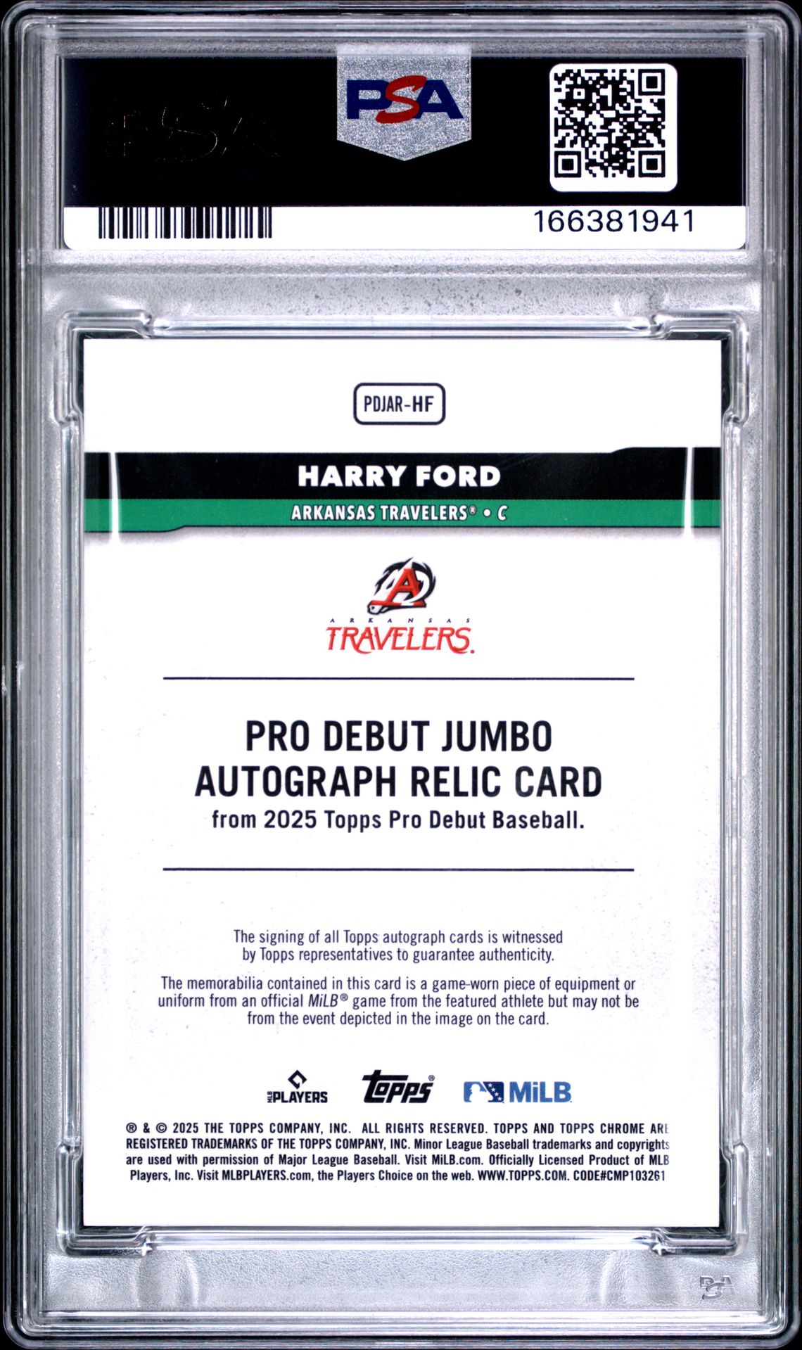 2025 Topps Pro Debut Chrome Pro Debut Jumbo Relic Autographs Harry Ford #Hf (Pro Debut Jmb Relic Au-Green) Mint 9 back