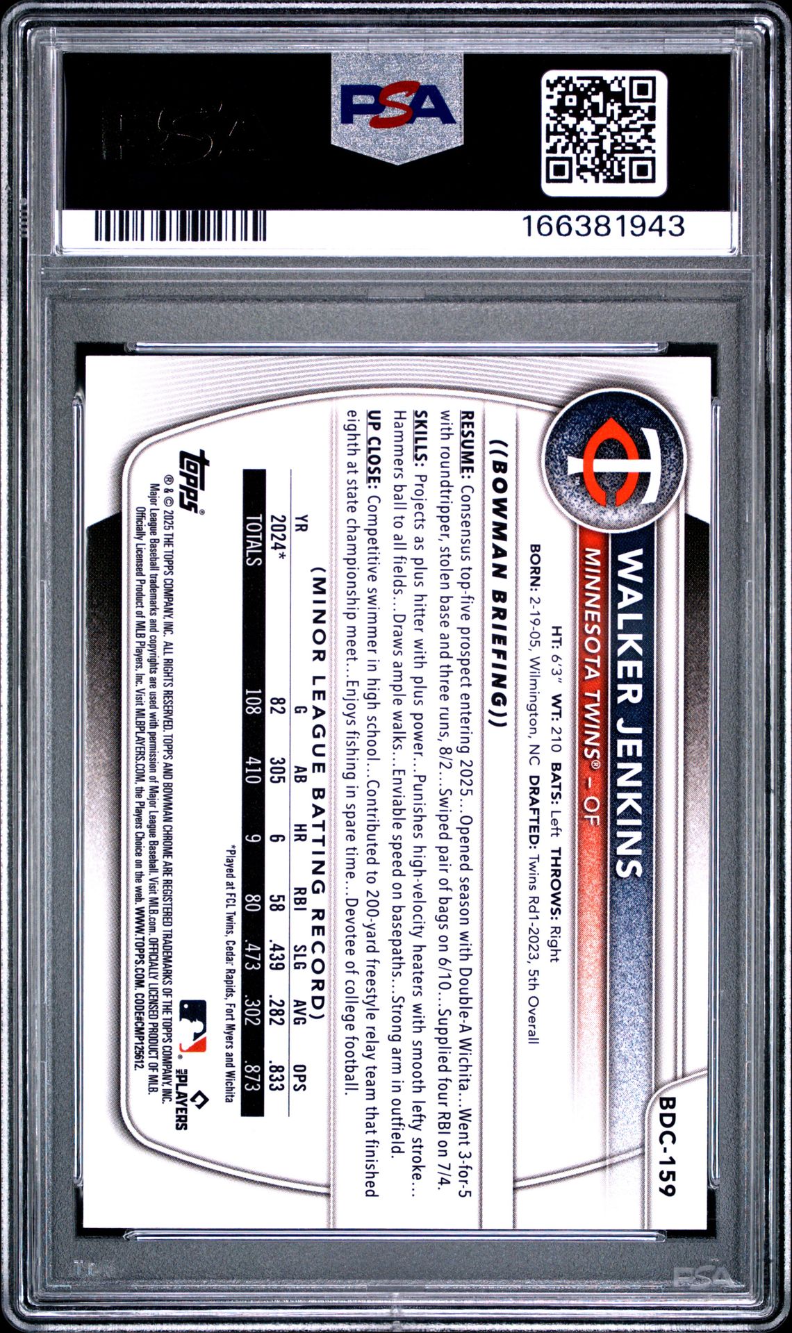 2025 Bowman Draft Walker Jenkins #Bdc-159 (Chrome-Blue Refractor) Mint 9 back