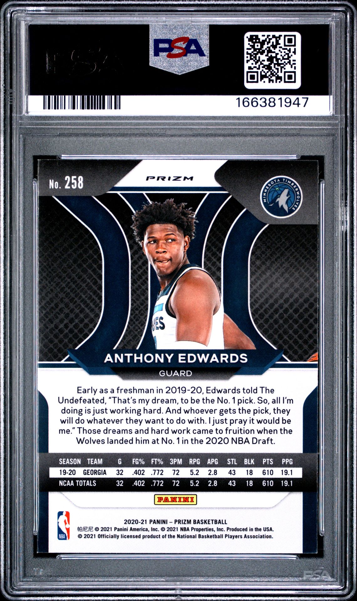 2020 Panini Prizm Anthony Edwards #258 (Red/White/Blue Prizm) Mint 9 back