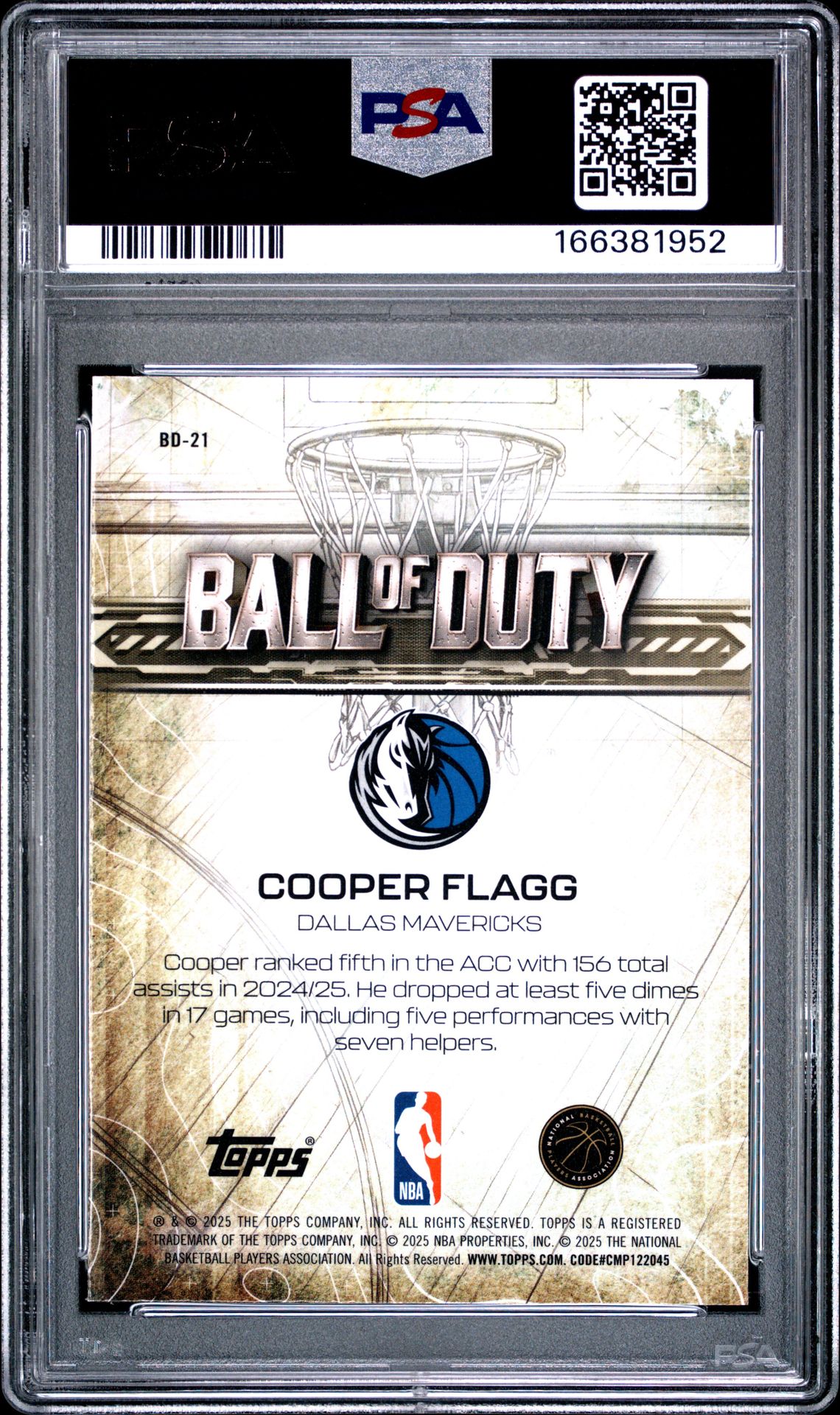 2025 Topps Chrome Ball Of Duty Cooper Flagg #Bd-21 Gem Mt 10 back view - PSA certificate #166381952