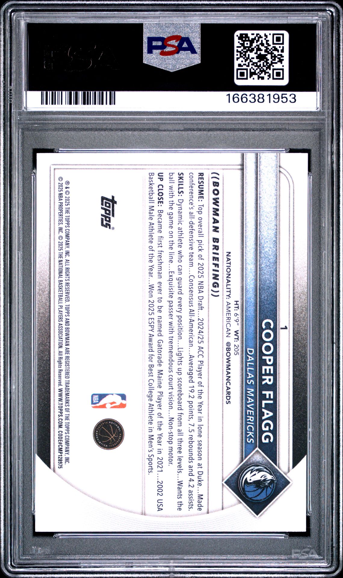 2025 Bowman Cooper Flagg #1 Mint 9 back