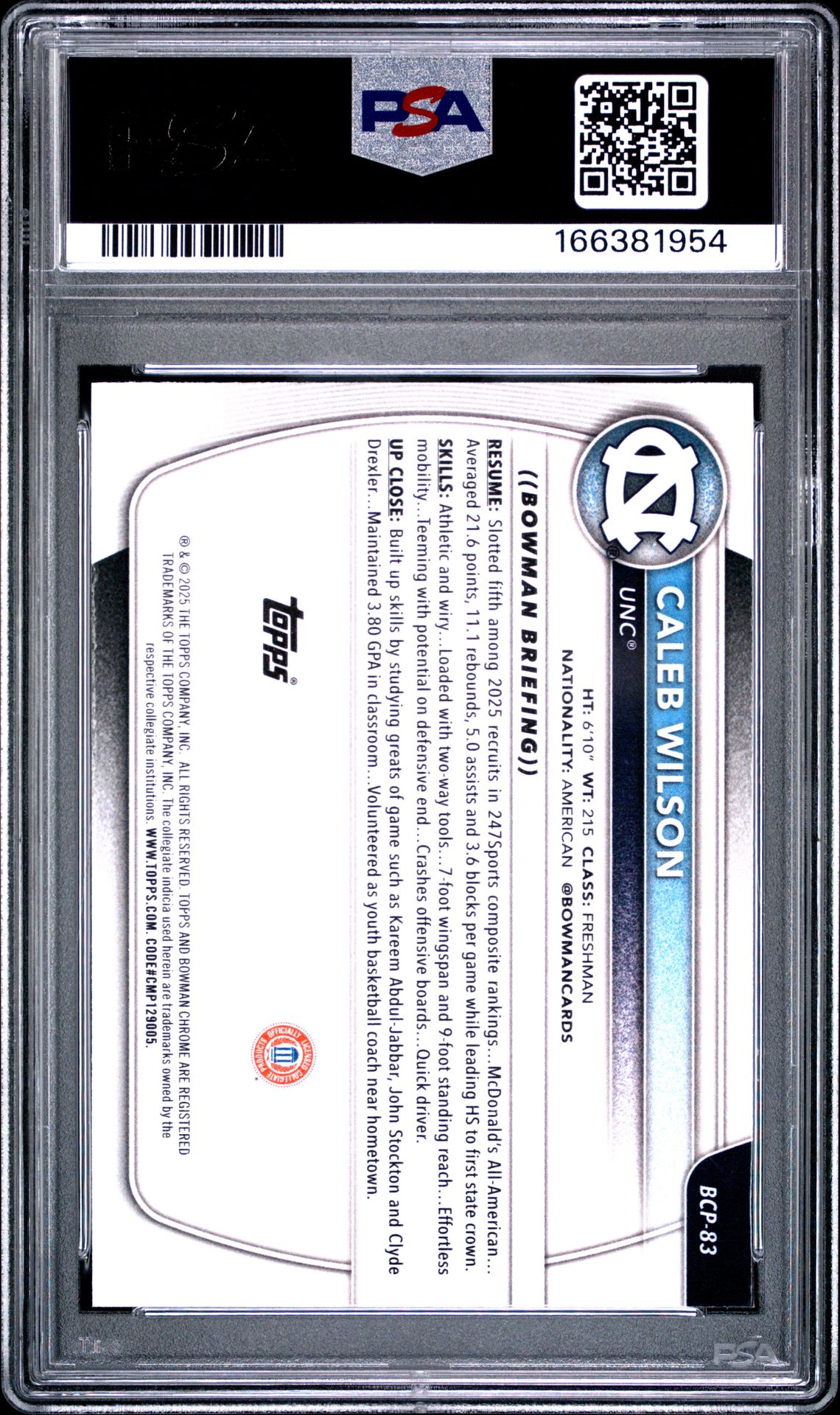 2025 Bowman Chrome Prospects Caleb Wilson #Bcp-83 Mint 9 back