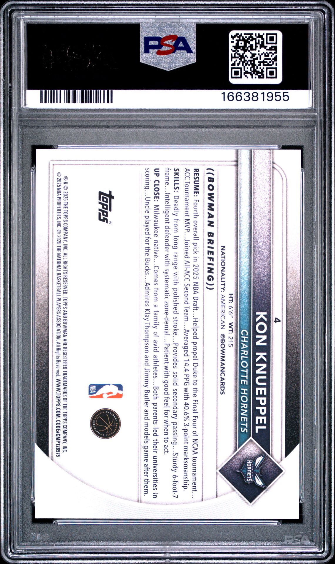 2025 Bowman Kon Knueppel #4 Gem Mt 10 back