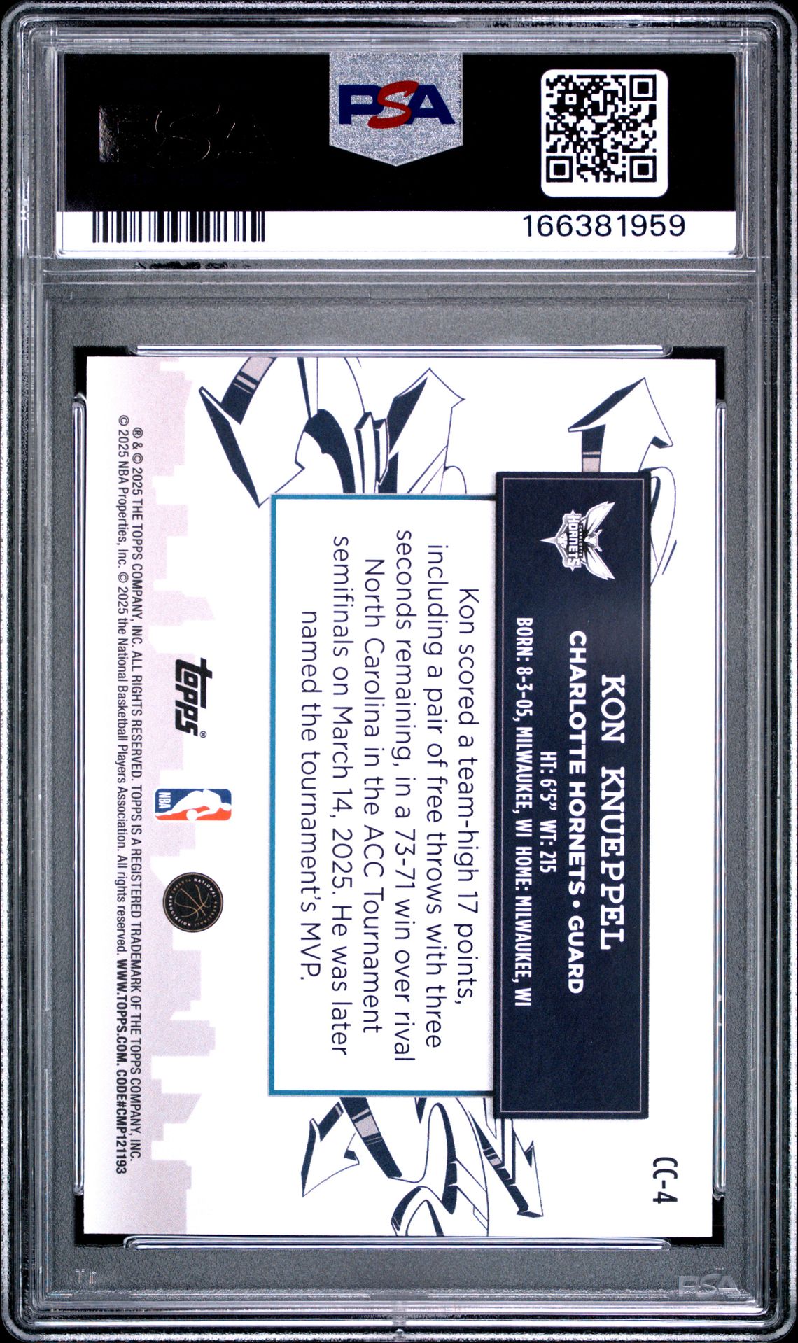 2025 Topps Clutch City Prospects Kon Knueppel #Cc-4 Gem Mt 10 back