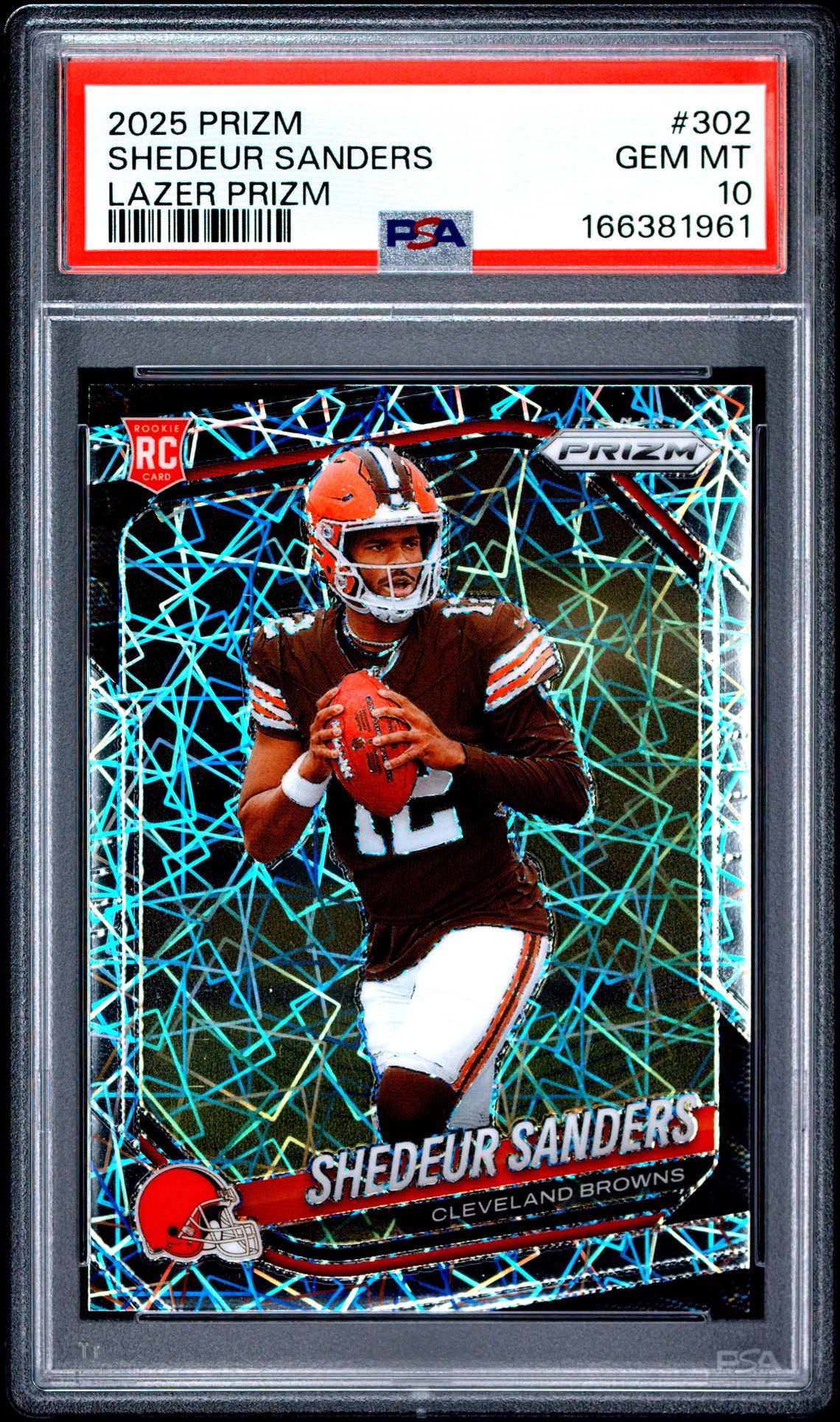 2025 Panini Prizm Shedeur Sanders #302 (Lazer Prizm) Gem Mt 10 front view - PSA graded GEM MT 10