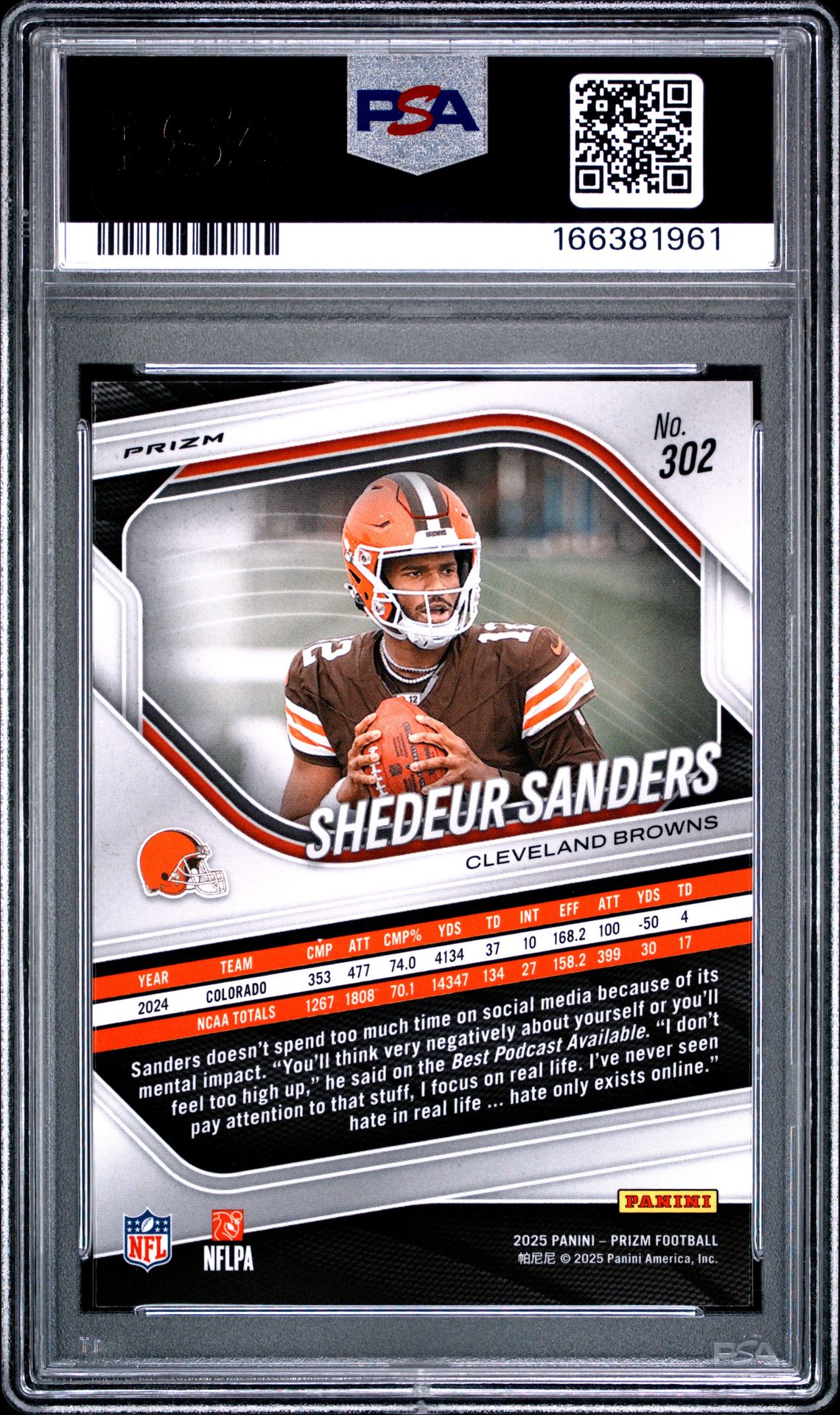 2025 Panini Prizm Shedeur Sanders #302 (Lazer Prizm) Gem Mt 10 back view - PSA certificate #166381961