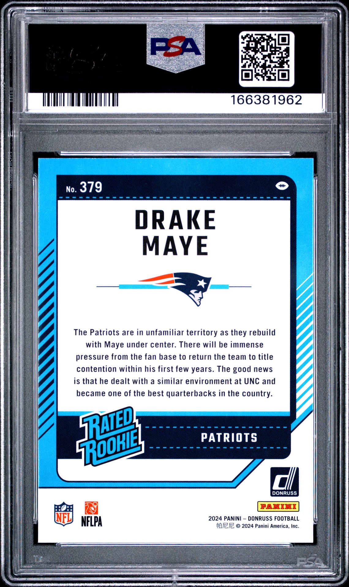 2024 Panini Donruss Drake Maye #379 Gem Mt 10 back view - PSA certificate #166381962