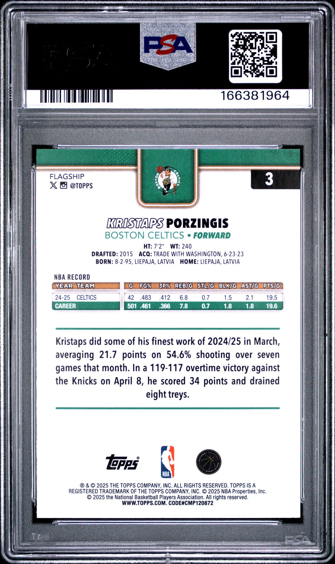 2025 Topps Kristaps Porzingis #3 (Gold) Mint 9 back