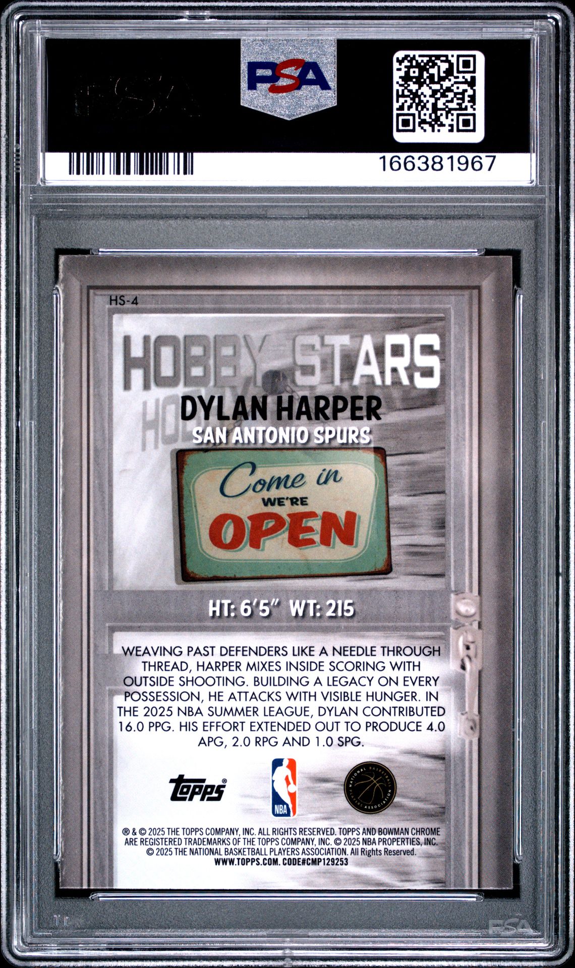 2025 Bowman Chrome Hobby Stars Dylan Harper #Hs-4 Gem Mt 10 back view - PSA certificate #166381967