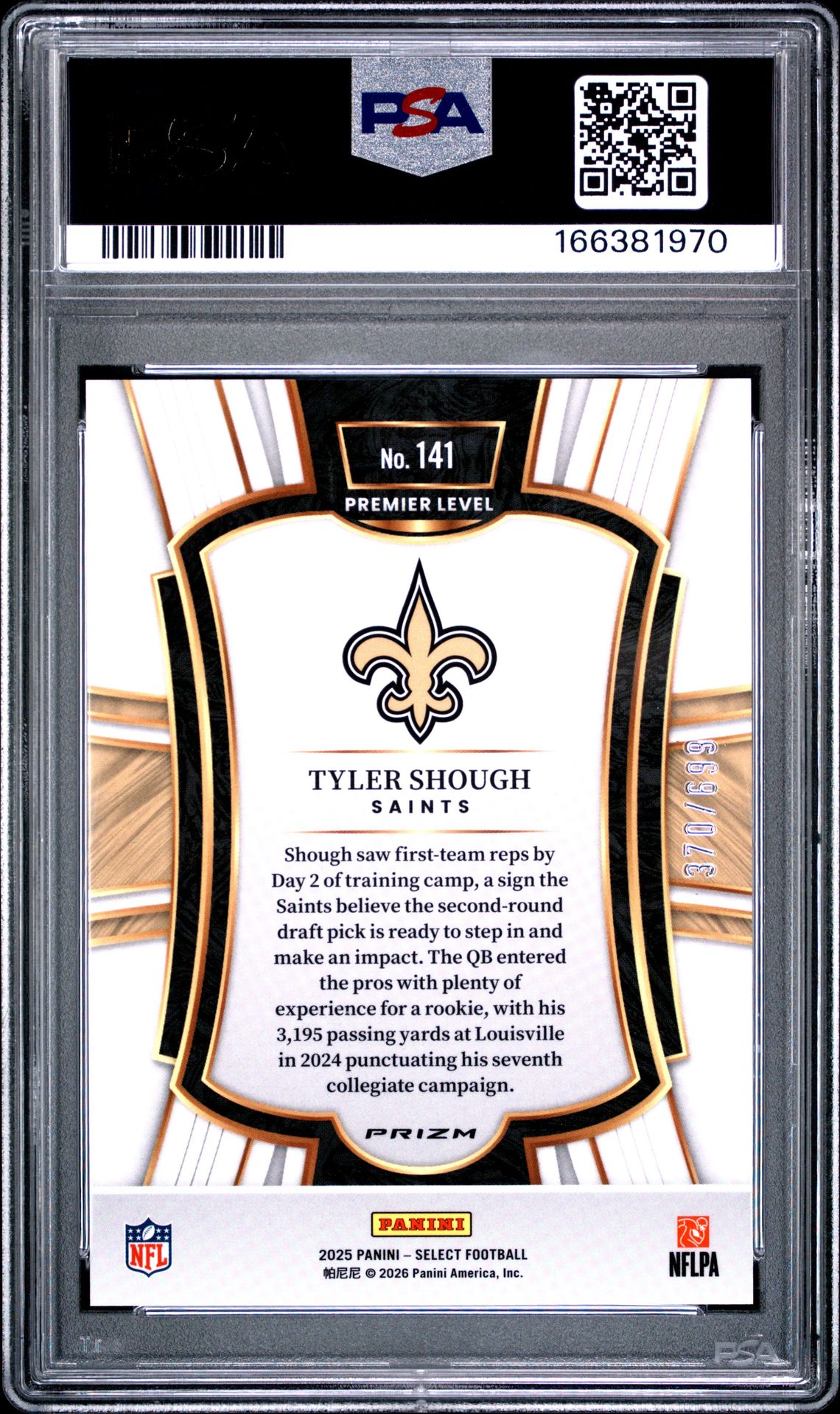 2025 Panini Select Tyler Shough #141 (Neon Green Shock) Mint 9 back