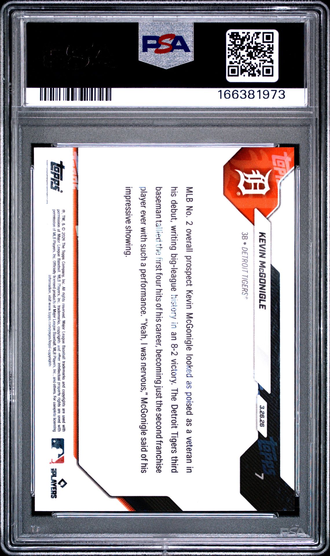 2026 Topps Now Kevin Mcgonigle #7 Gem Mt 10 back