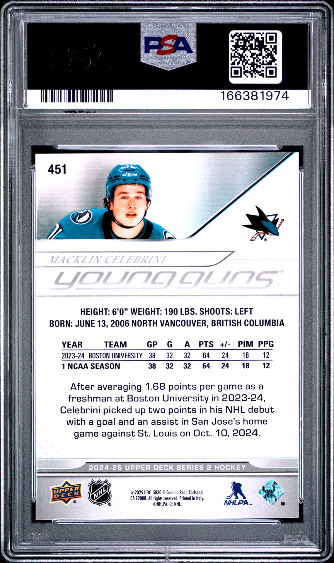 2024 Upper Deck Macklin Celebrini #451 Mint 9 back