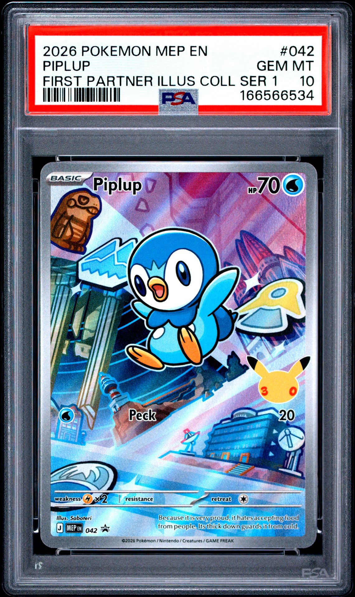 2026 Pokemon Mep En-Me Black Star Promo Piplup #042 (First Partner Illus Coll Ser 1) Gem Mt 10 front view - PSA graded GEM MT 10