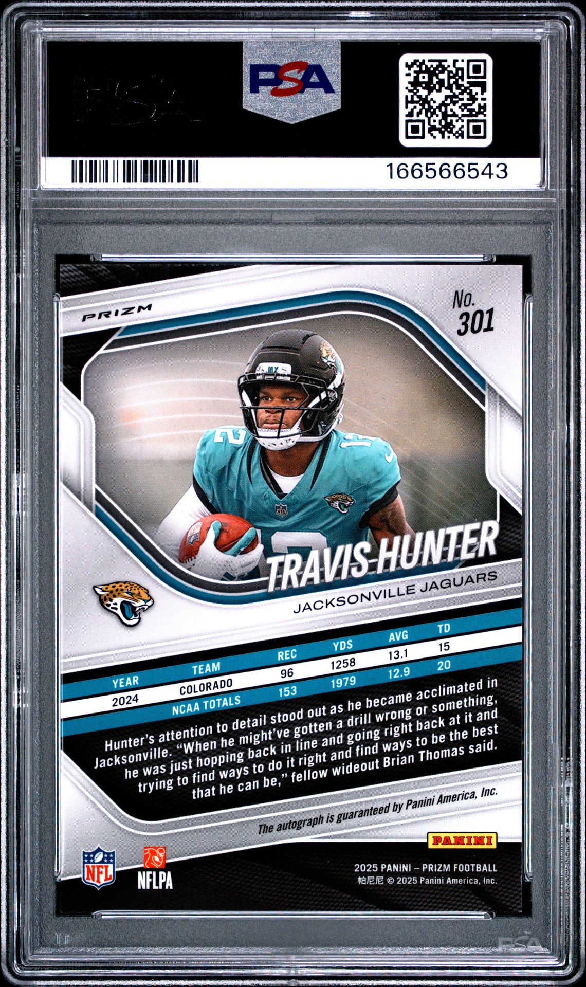 2025 Panini Prizm Travis Hunter #301 (Autograph-Silver Prizm) Mint 9 back