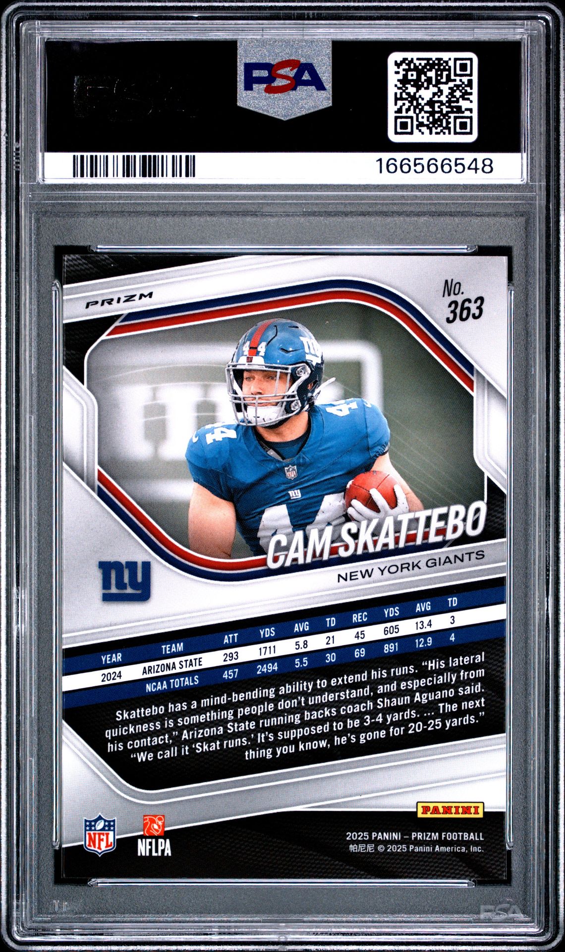 2025 Panini Prizm Cam Skattebo #363 (Silver Prizm) Gem Mt 10 back view - PSA certificate #166566548