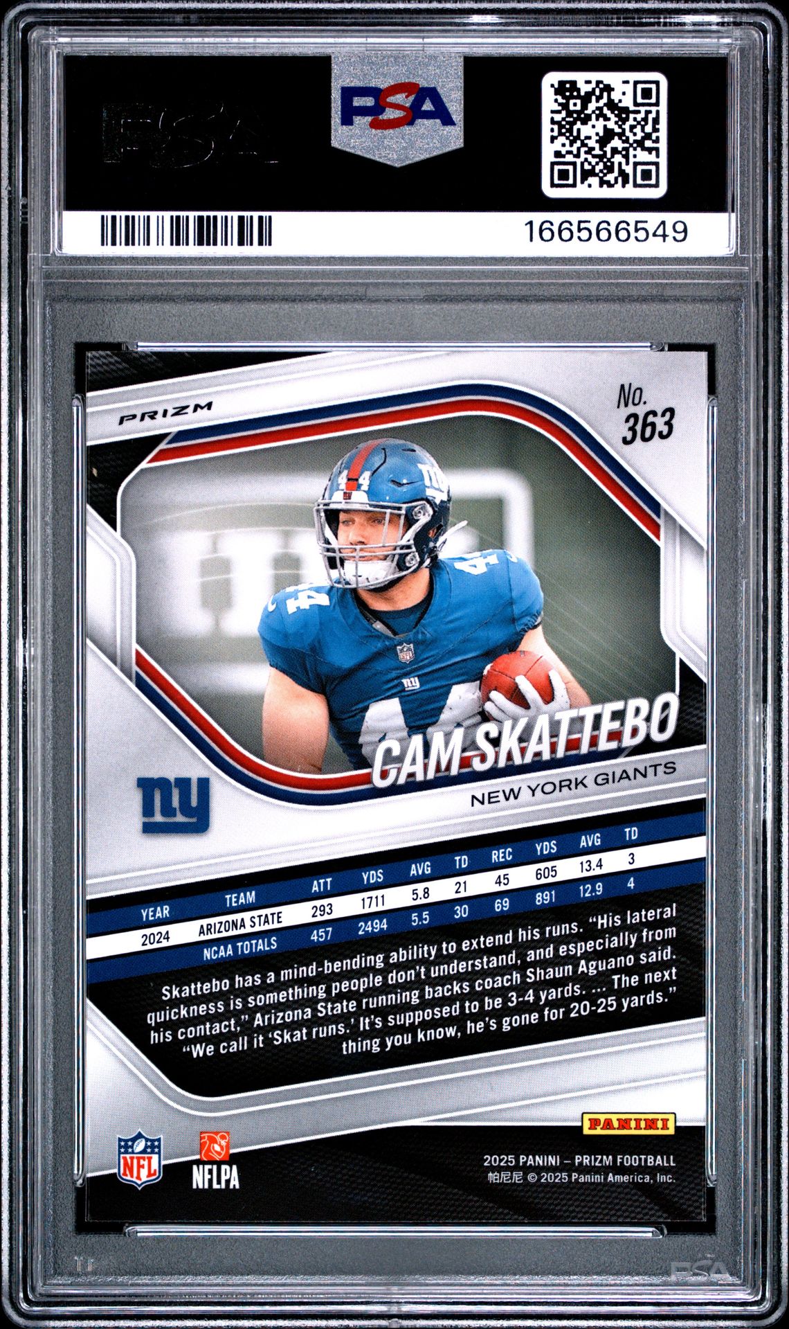 2025 Panini Prizm Cam Skattebo #363 (White Disco) Gem Mt 10 back view - PSA certificate #166566549