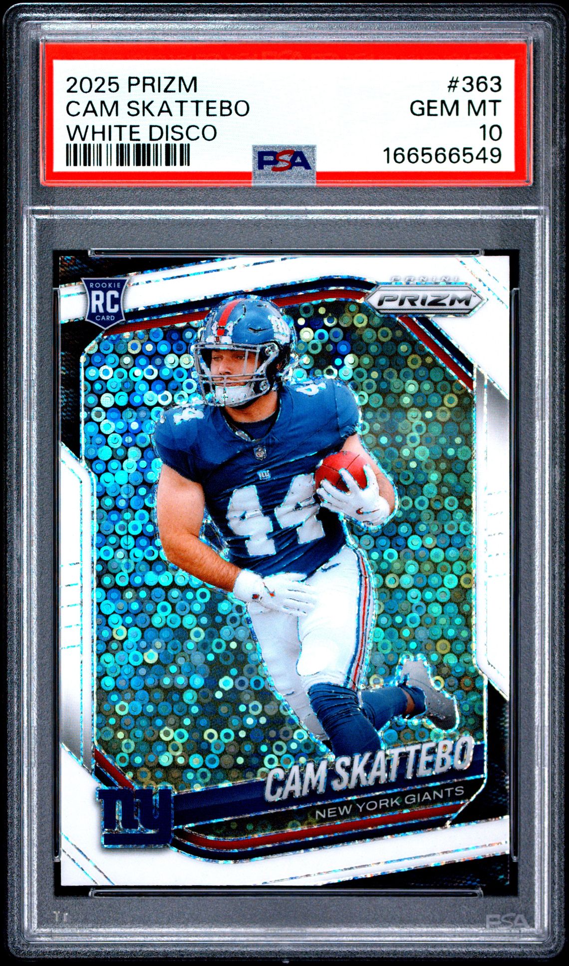 2025 Panini Prizm Cam Skattebo #363 (White Disco) Gem Mt 10 front view - PSA graded GEM MT 10