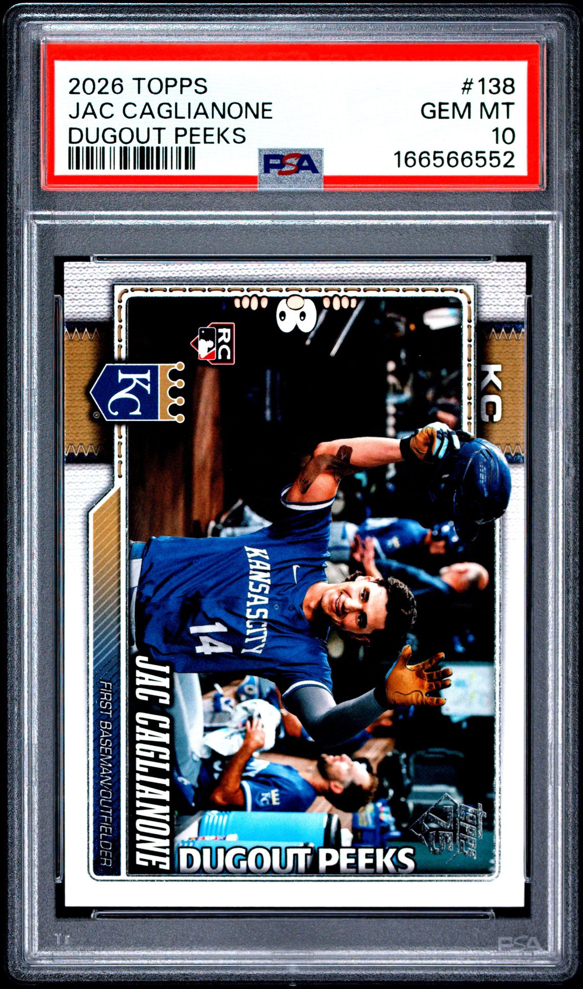 2026 Topps Jac Caglianone #138 (Dugout Peeks) Gem Mt 10 front view - PSA graded GEM MT 10