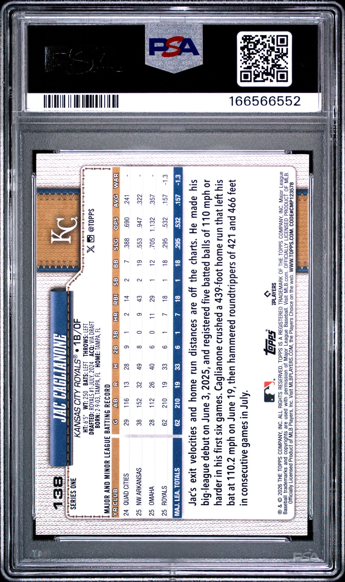 2026 Topps Jac Caglianone #138 (Dugout Peeks) Gem Mt 10 back view - PSA certificate #166566552