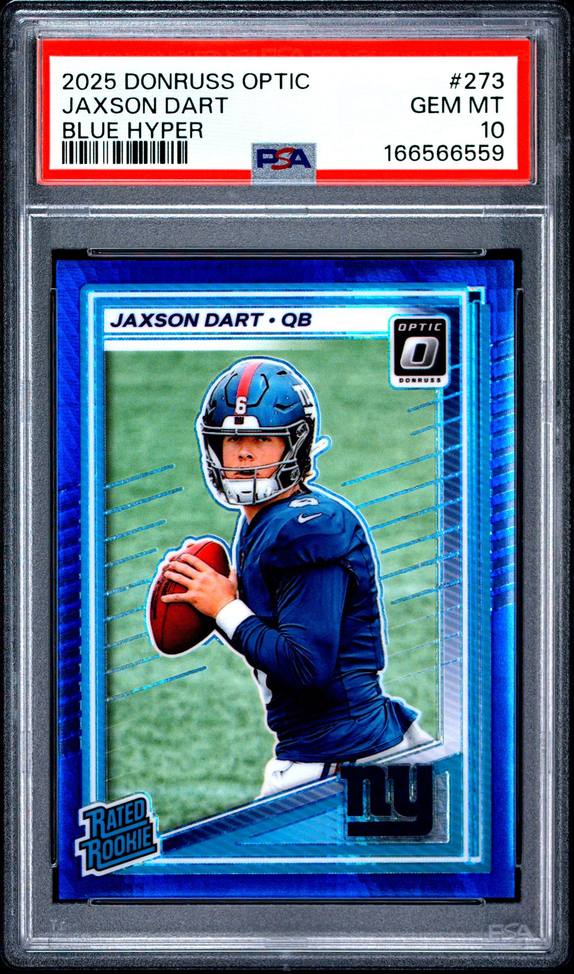 2025 Panini Donruss Optic Jaxson Dart #273 (Blue Hyper) Gem Mt 10 front