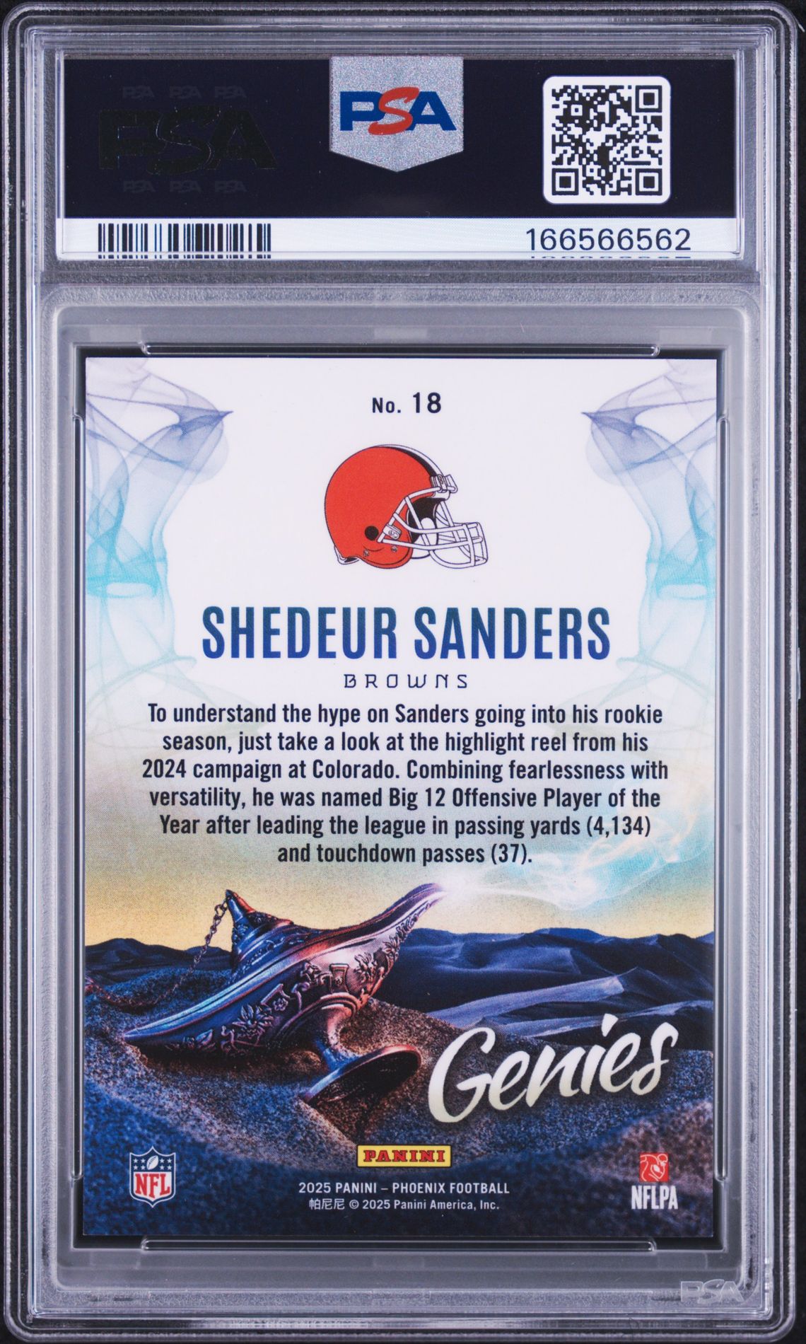 2025 Panini Phoenix Genies Shedeur Sanders #18 Gem Mt 10 back view - PSA certificate #166566562