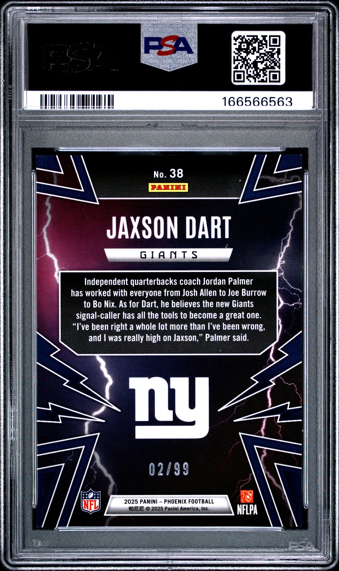 2025 Panini Phoenix Thunderbirds Jaxson Dart #38 (Thunderbirds-Silver Seismic) Gem Mt 10 back view - PSA certificate #166566563