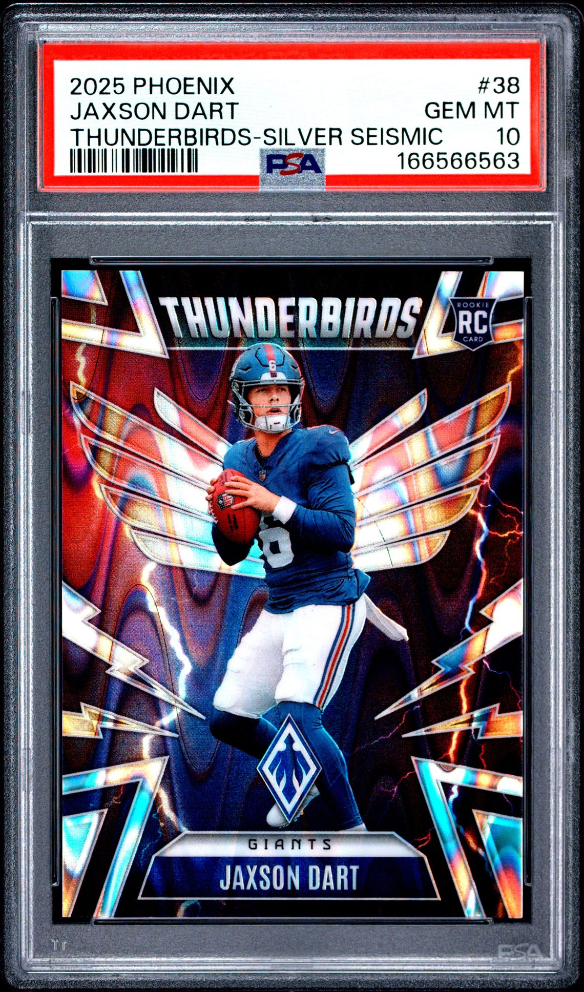 2025 Panini Phoenix Thunderbirds Jaxson Dart #38 (Thunderbirds-Silver Seismic) Gem Mt 10 front view - PSA graded GEM MT 10