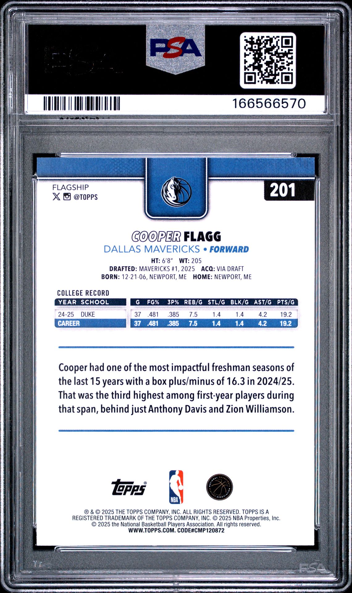 2025 Topps Cooper Flagg #201 Mint 9 back