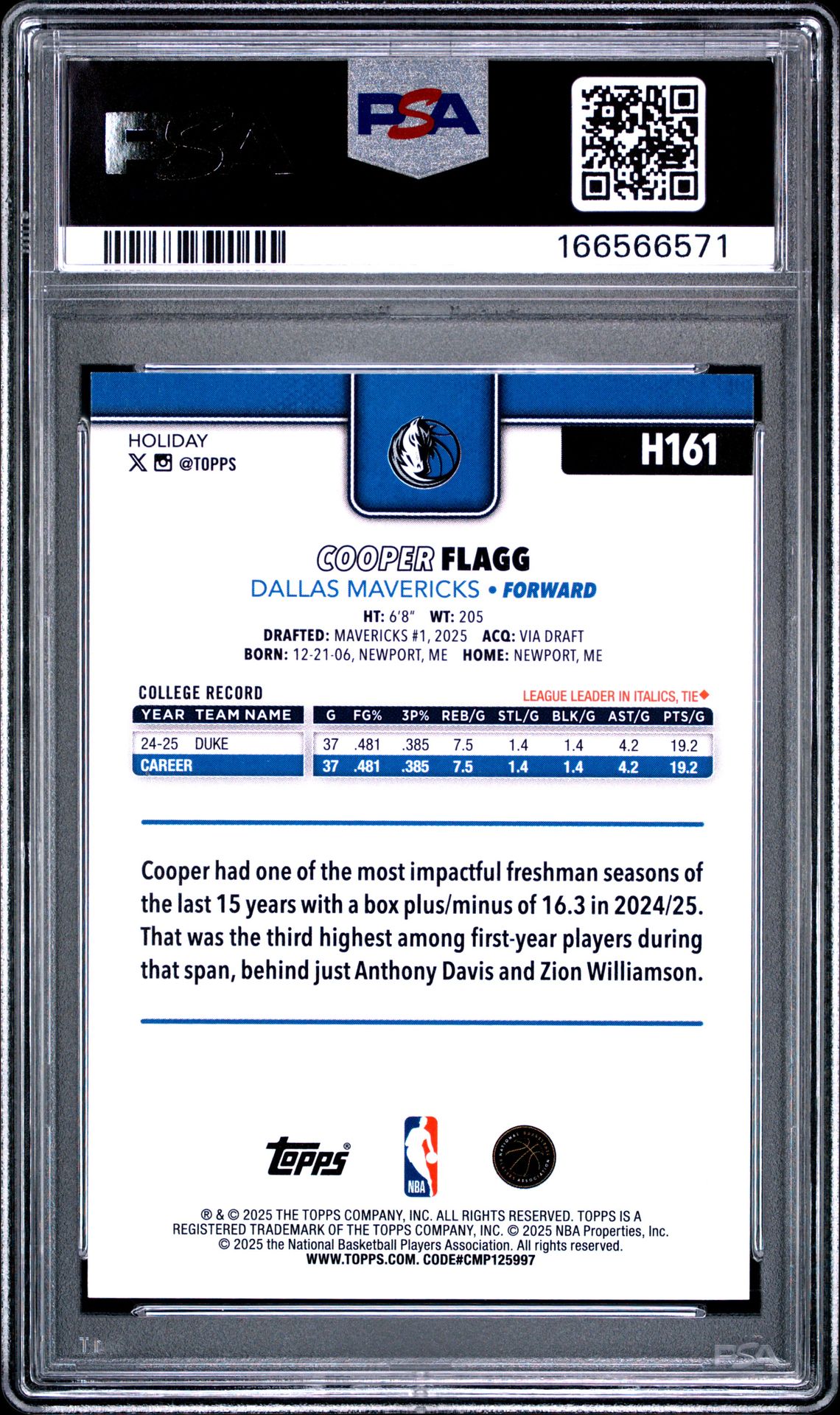 2025 Topps Holiday Cooper Flagg #H161 (Holiday Plaid) Mint 9 back